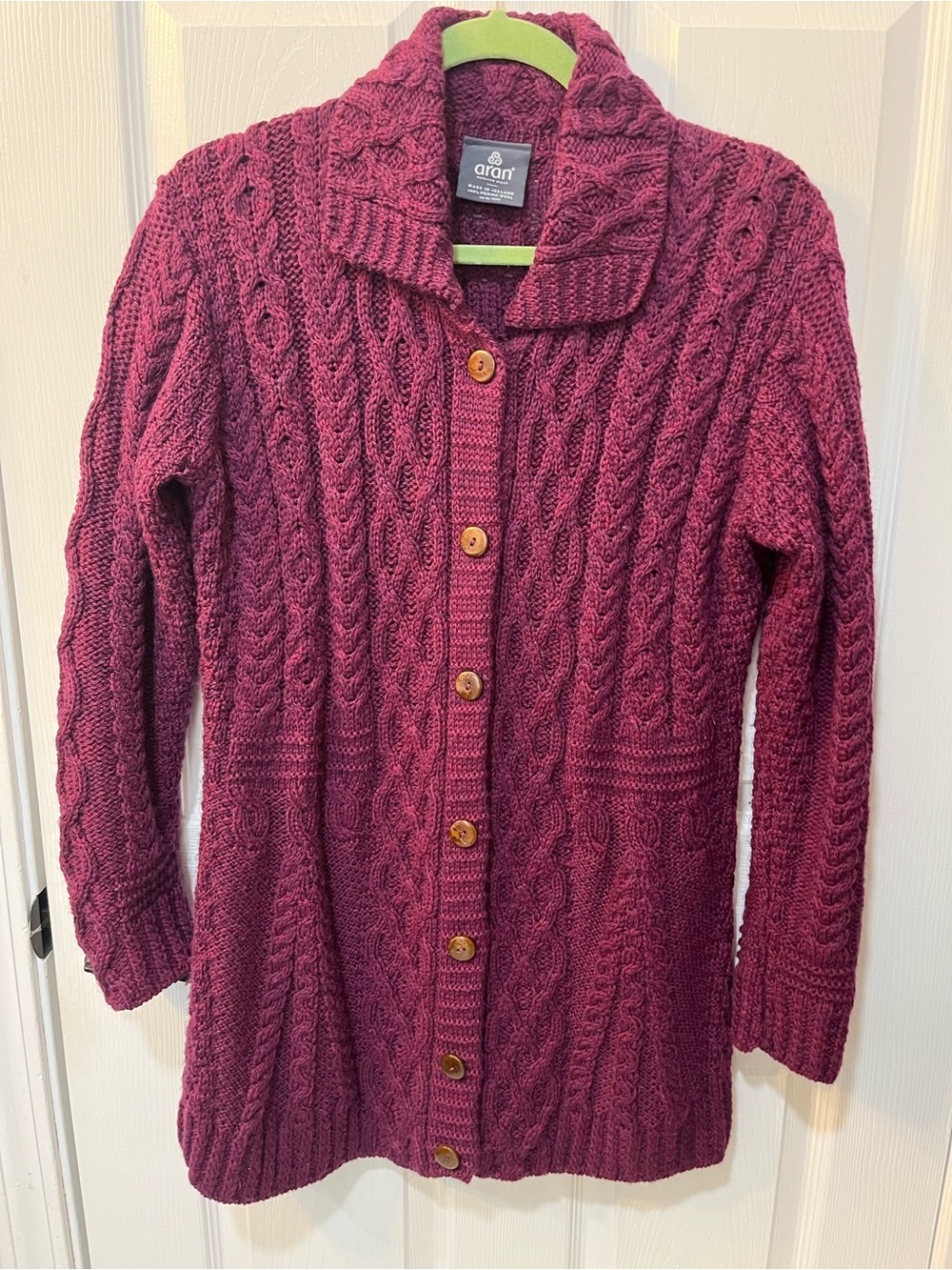 Aran Crafts Cable-Knit Shawl Collar Cardigan - Berry/Magenta Size M